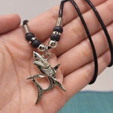 Wholesale Silver-Tone Shark Necklace with Rope Pendant | Silver on Black Beaded Necklace ( sold by the piece or dozen )