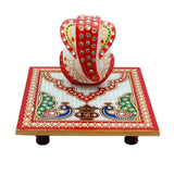 Combo of White Marble Ganesh Ji With Choki and yellow & white Janeu Thread