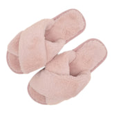 Solid Crisscross Faux Fur Soft Indoor Floor Slippers ,Pink