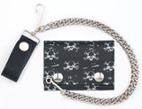 Wholesale MULTI SKULL AND CROSS BONES TRIFOLD LEATHER WALLETS WITH CHAIN (Sold by the piece)