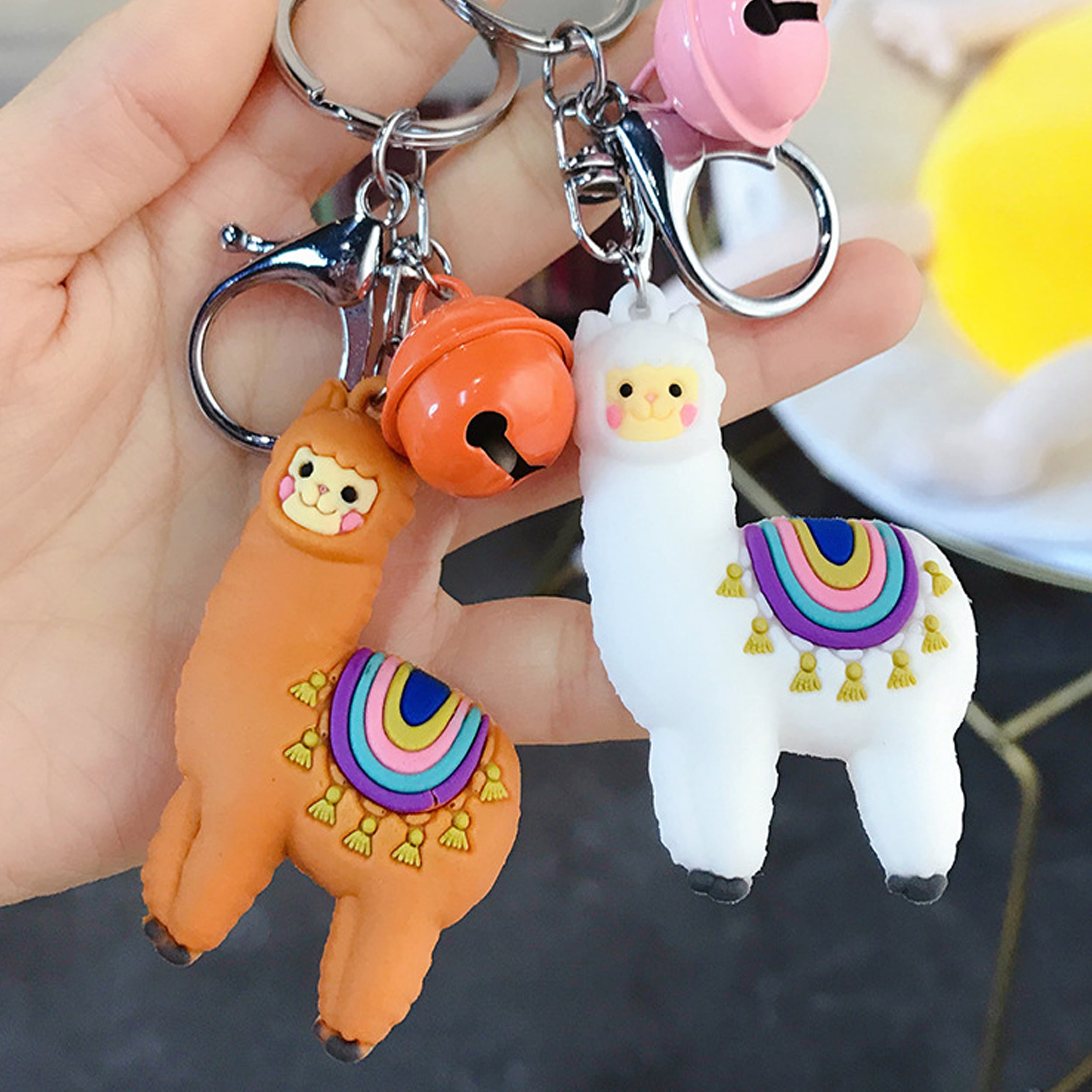 Brown and White color Lama keychain with bell