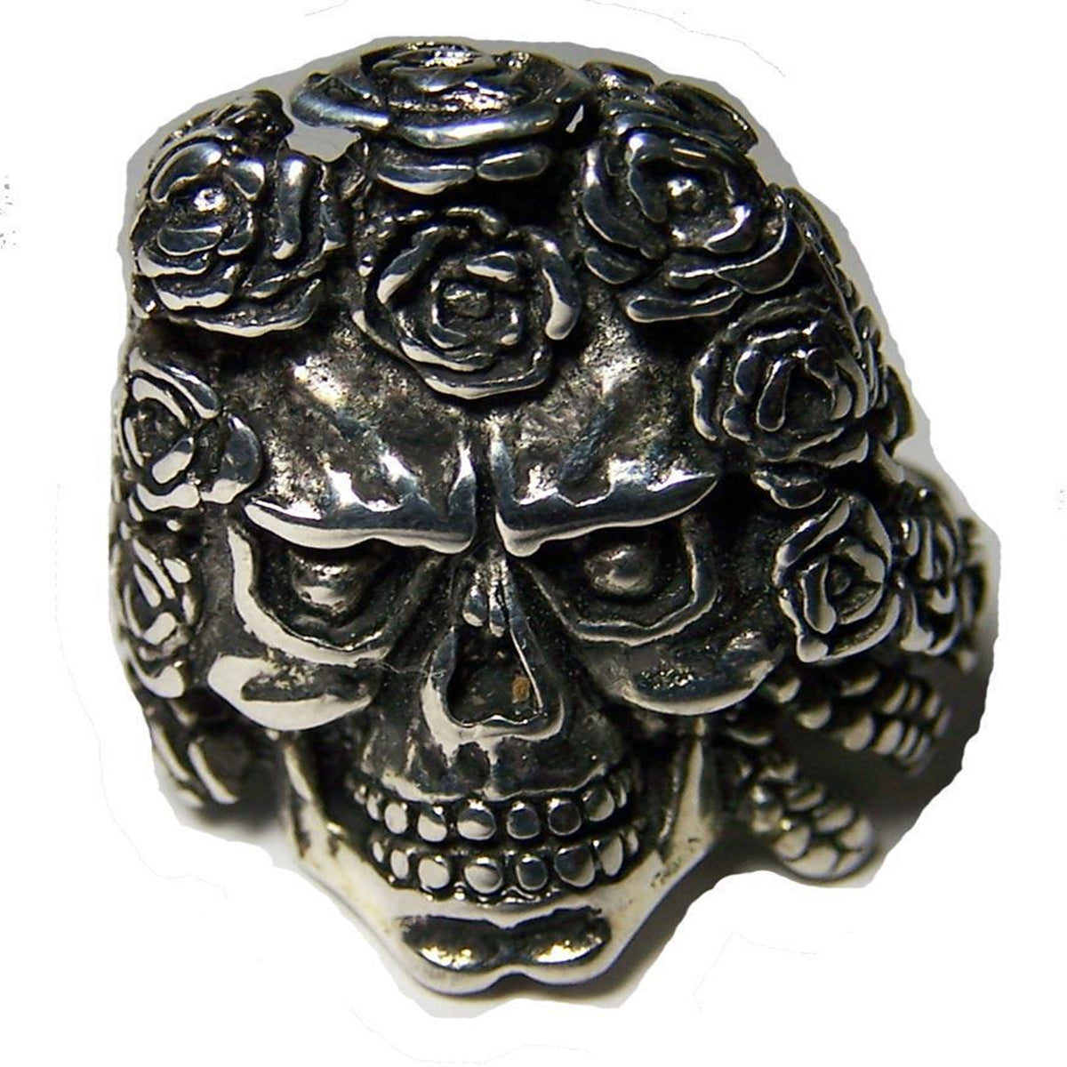 High-Quality Skull Head with Rose Hair Biker Ring - Assorted Sizes - Sterling Silver Plated