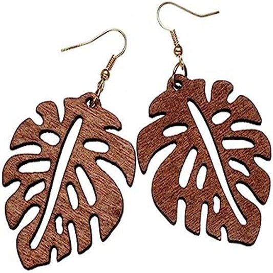 Wholesale Lightweight Wooden Monstera Leaf Drop Earrings (sold by the pair)