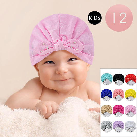 Pearl Embellished Bow Solid Kids Turban Hats Sold By Dozen