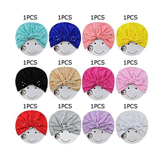Pearl Embellished Bow Solid Kids Turban Hats Sold By Dozen