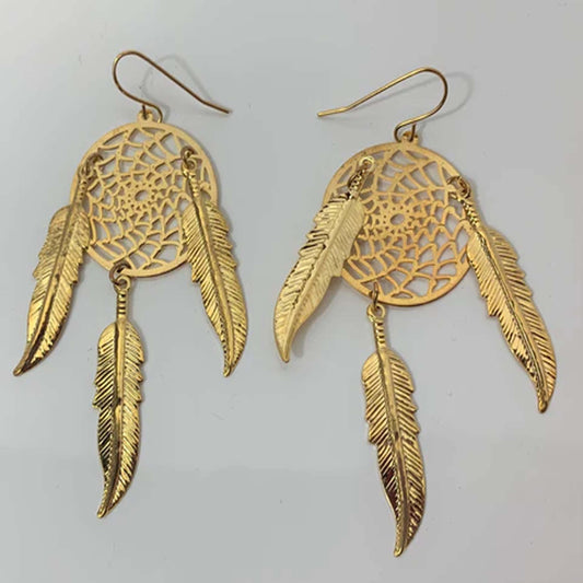 Wholesale 3-Inch Metal Dream Catcher Gold Dangle Earrings with Feathers (SOLD BY THE PAIR)