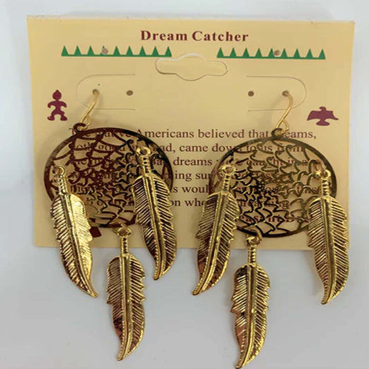 Wholesale 3-Inch Metal Dream Catcher Gold Dangle Earrings with Feathers (SOLD BY THE PAIR)