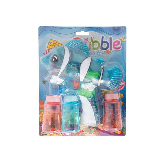 Bubble Gun Lights & Sound Clear Fish Bubble Gun Bubble Solution & Batteries Included Packaged for Retail