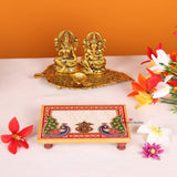 Peacock & Kalash Designed Rectangle Shape Marble Pooja Chowki