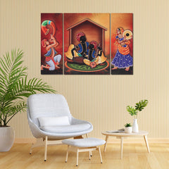 Digital Painting for Living Room Set of 3pcs, Rajasthani Village Scene