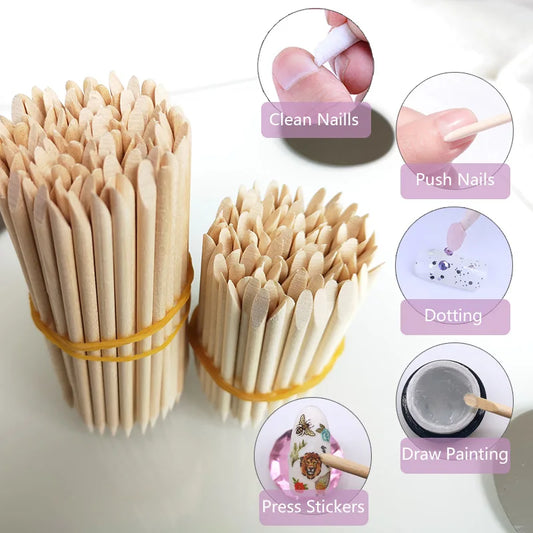 Lurayee Nail Cuticle Pusher Orange Wood Sticks Nail Manicures Remover Wooden Design Nail Gel Polish Drawing Stick for Nail Art