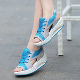 Customized Summer Women Fashion Shoes Casual Flat Peep Toe Contrast Paneled Cutout Lace-up Muffin Sandals