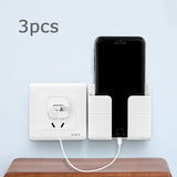 3pcs Wall Mount Phone Holder White Punch Free Wall Mobile Phones Charging Stand Lazy Sticky Remote Control Storage Box