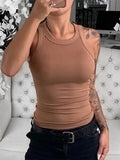 Women Solid Round Neck Ribbed Tank Top