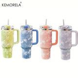 40Oz Stainless Steel Insulated Tumbler With Handle And Tie Dye Design-Reusable Vacuum Cup With Leak-Resistant Lid And Straws