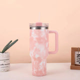 40Oz Stainless Steel Insulated Tumbler With Handle And Tie Dye Design-Reusable Vacuum Cup With Leak-Resistant Lid And Straws