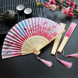 Chinese Japanese Silk Folding Fan Wooden Shank Classical Dance Fan High Quality Tassel Elegent Female Fan Home Decoration