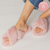 Solid Crisscross Faux Fur Soft Indoor Floor Slippers ,Pink