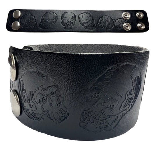 Wholesale New Thick Engraved Skull Black Leather Cuff Bracelet - Bold & Edgy Style (Sold By Piece)