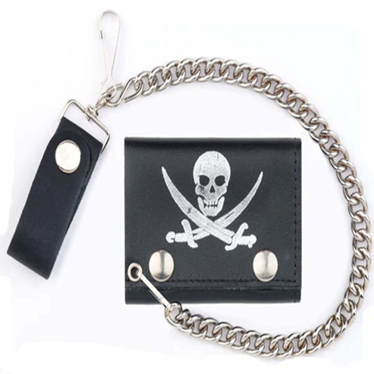 Wholesale Pirate with Crossed Swords Trifold Leather Wallet with Chain High-Quality and Stylish (Sold by the piece)