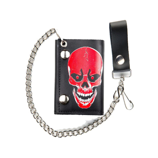 Wholesale Red Skull Head Trifold Leather Wallet With Chain (MOQ-6)