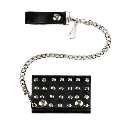 Wholesale Silver Studded Trifold Leather Wallets With Chain (MOQ-6)