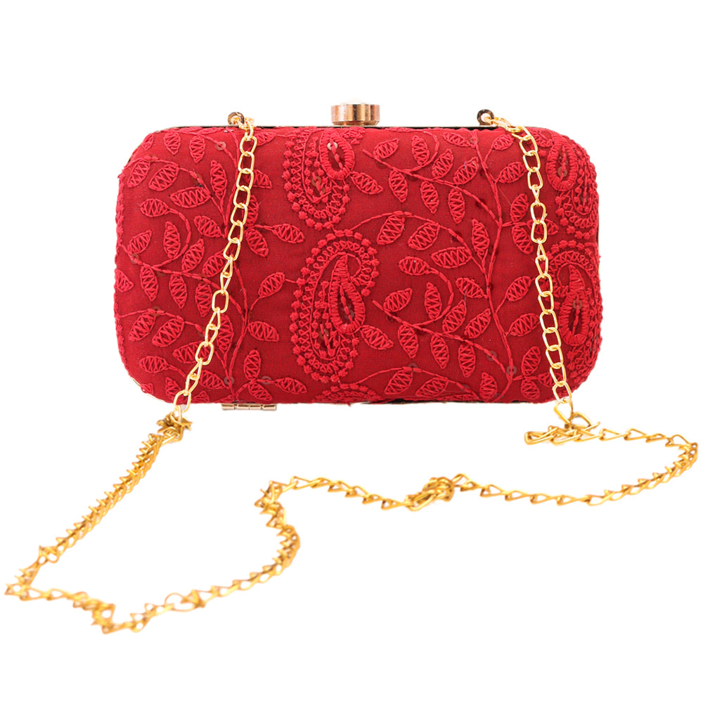 New Design Captivating Red Chikankari Clutch With A Golden Chain Strap