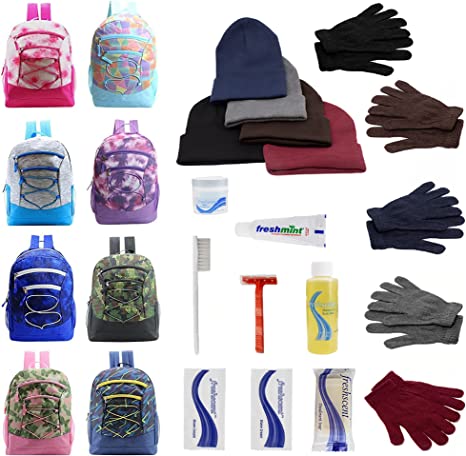 Buy Bulk Case of 12 Backpacks and 12 Winter Item Sets and 12 Hygiene Kits - Wholesale Care Package - Emergencies, Homeless, Charity