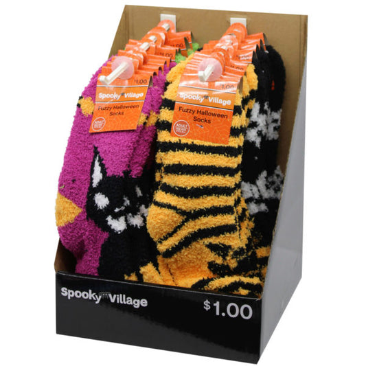 Spooky Village One Size Fits All Fuzzy Halloween Socks in Assorted Designs in Display