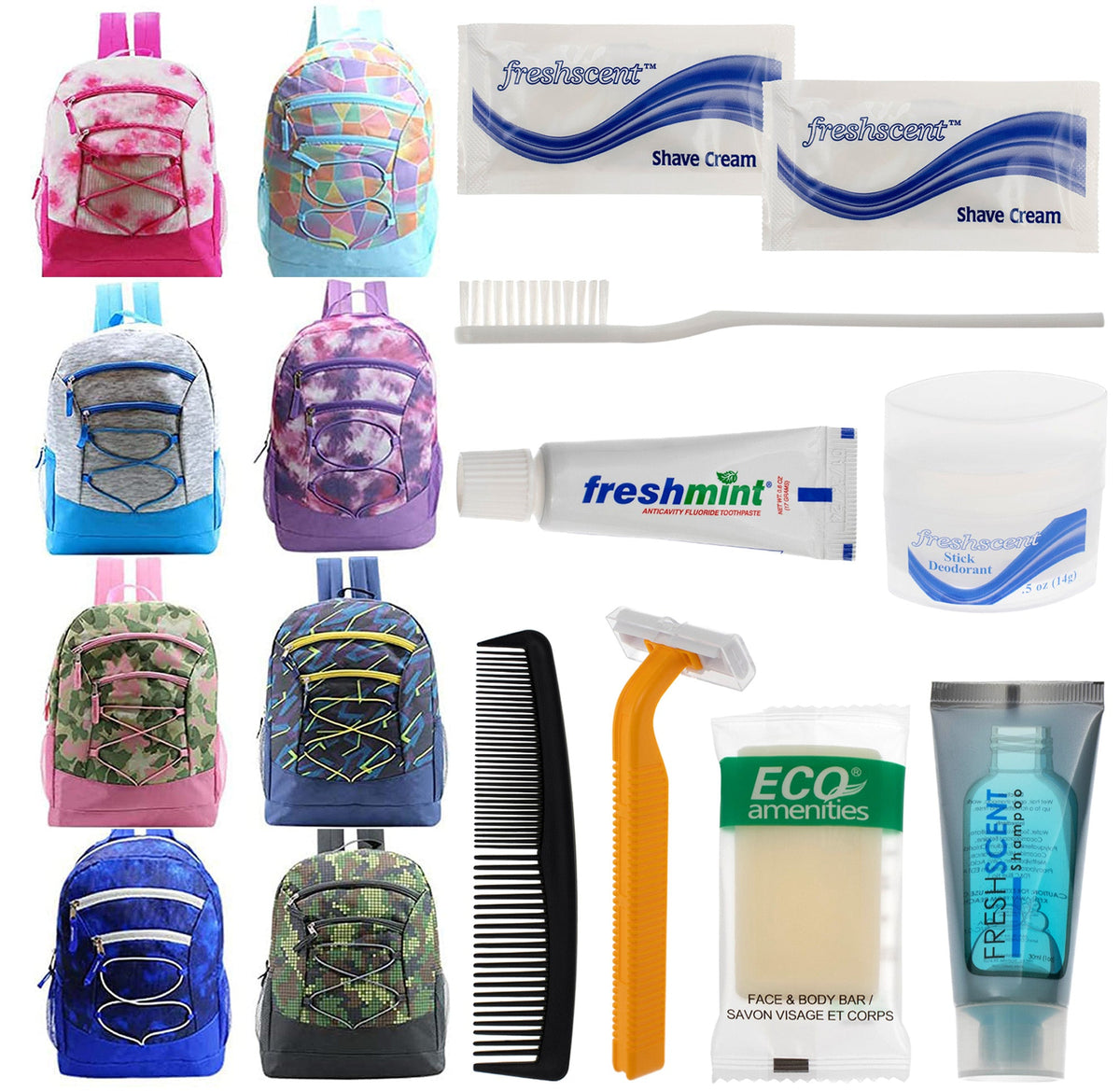 Buy Bulk Case of 12 Backpacks and 12 Hygiene & Toiletries Kit - Wholesale Care Package - Disaster Relief Kit, Homeless, Charity