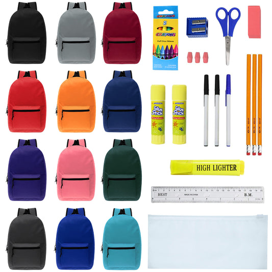 Buy 17 Inch Bulk Backpacks in Assorted Colors with 22 Piece School Supply Kits Wholesale - Case of 24 (12 Color Assortment)