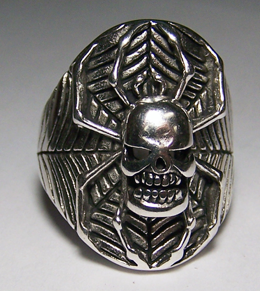 Wholesale SKULL HEAD SPIDER IN WEB BIKER RING  (Sold by the piece) *-  CLOSEOUT AS LOW AS $ 3.75 EA