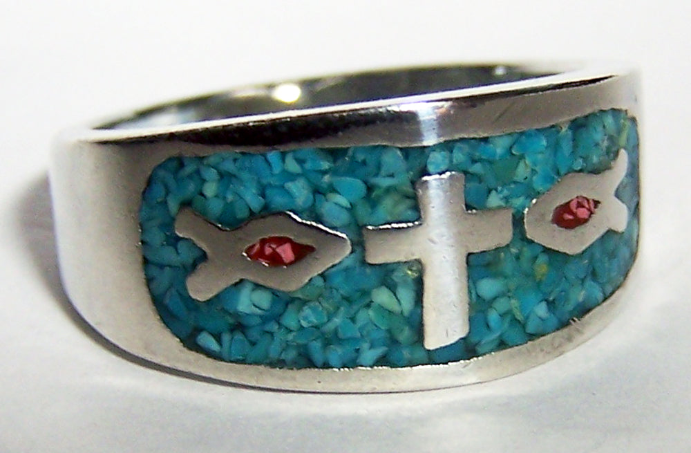 Wholesale INLAYED CHRISTIAN FISH SYMBOL & CROSS DELUXE BIKER RING (Sold by the piece) *