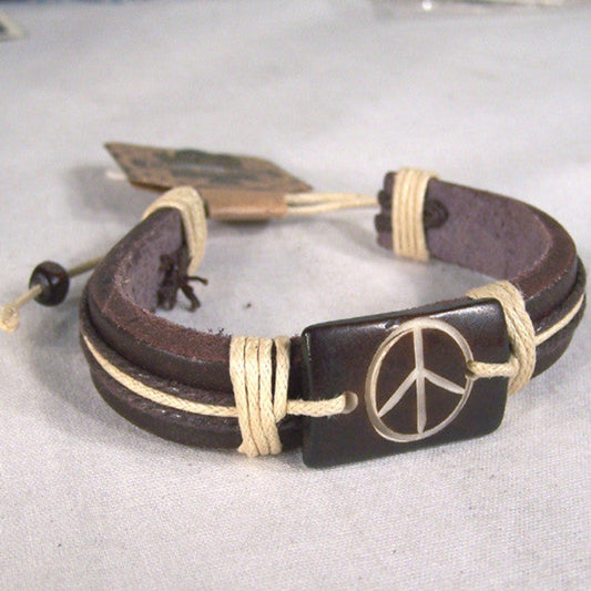 Wholesale Peace Symbol Carved Wrapped Leather Men's and Ladies Bracelets (Sold by the PIECE OR dozen)