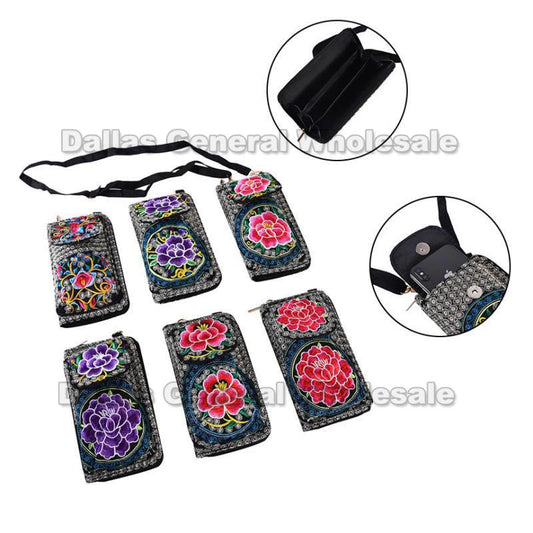 Embroidered Fashion Wallets w/ Phone Pocket Wholesale MOQ 12