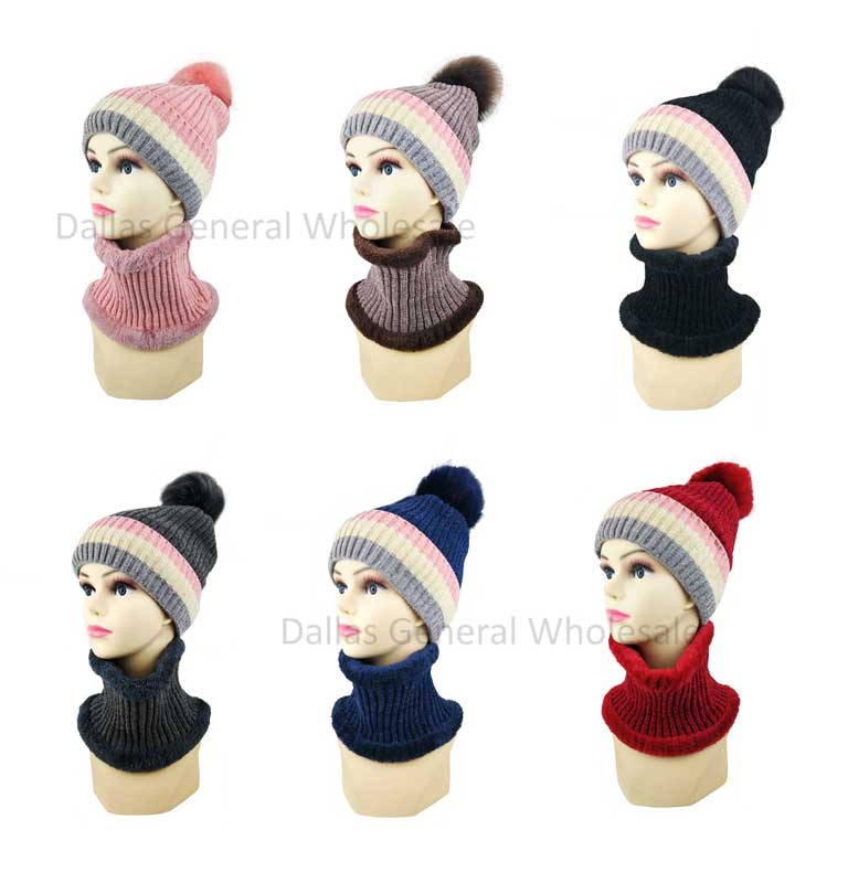 Ladies Fur Lining Beanie Hat with Circle Scarf Set Wholesale