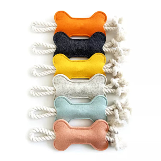 6 felt bone shape dog chew toy with rope of different colors