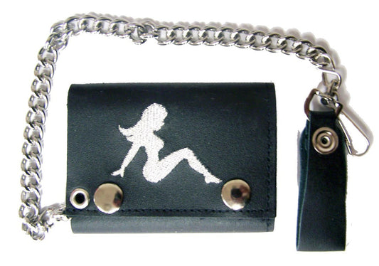 Wholesale EMBROIDERED MUD FLAP TRUCKER GIRL TRIFOLD LEATHER WALLET WITH CHAIN (Sold by the piece)