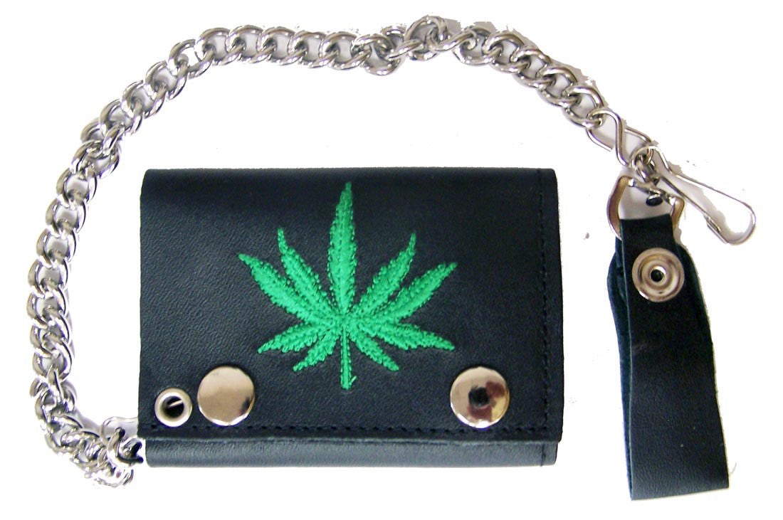 Wholesale EMBROIDERED GREEN MARIJUANA LEAF TRIFOLD LEATHER WALLET WITH CHAIN (Sold by the piece)