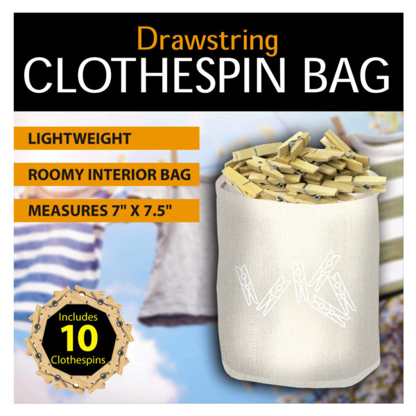 Drawstring Clothespin Bag with 10 Wooden Pins