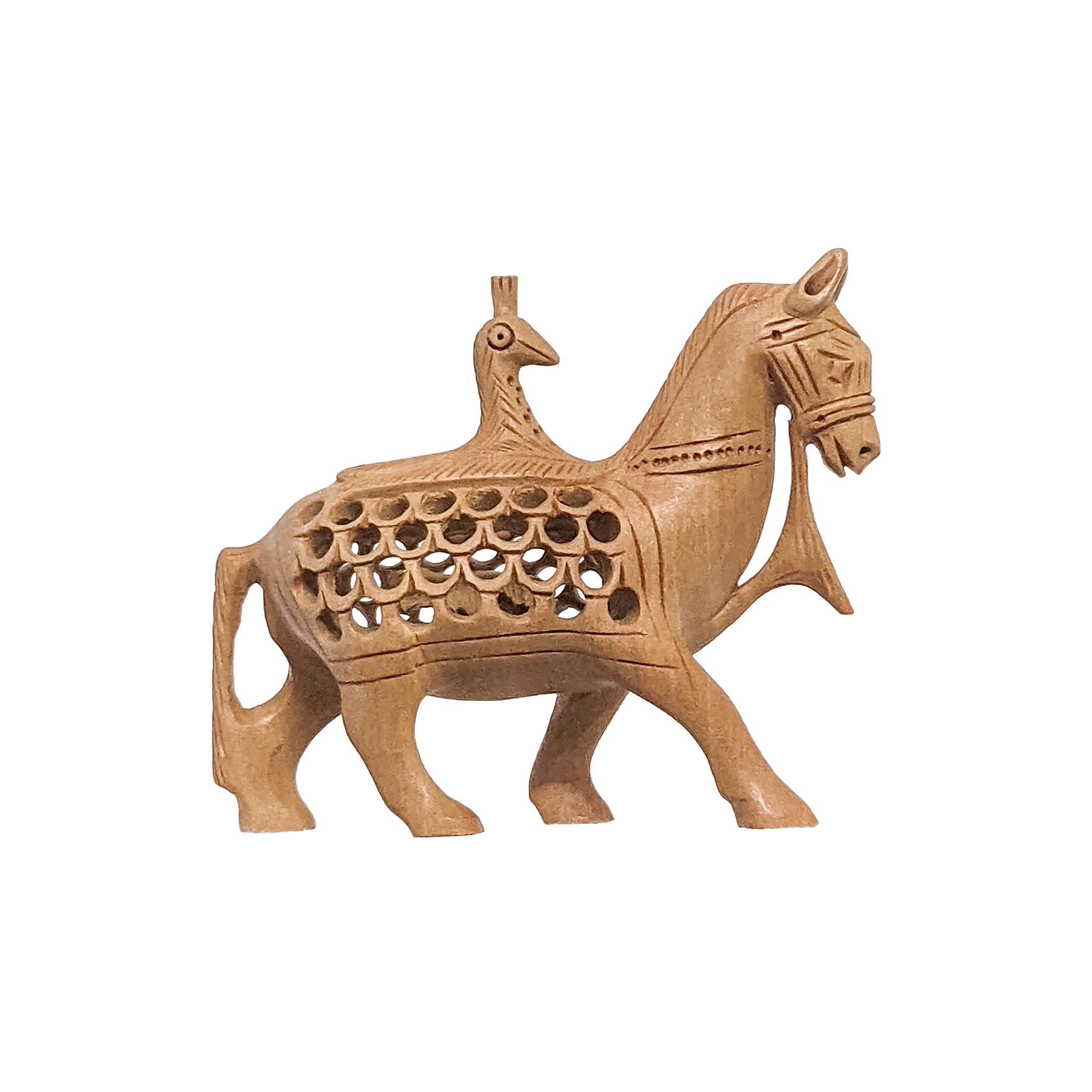 Wooden Jali Peacock on Horse Statue