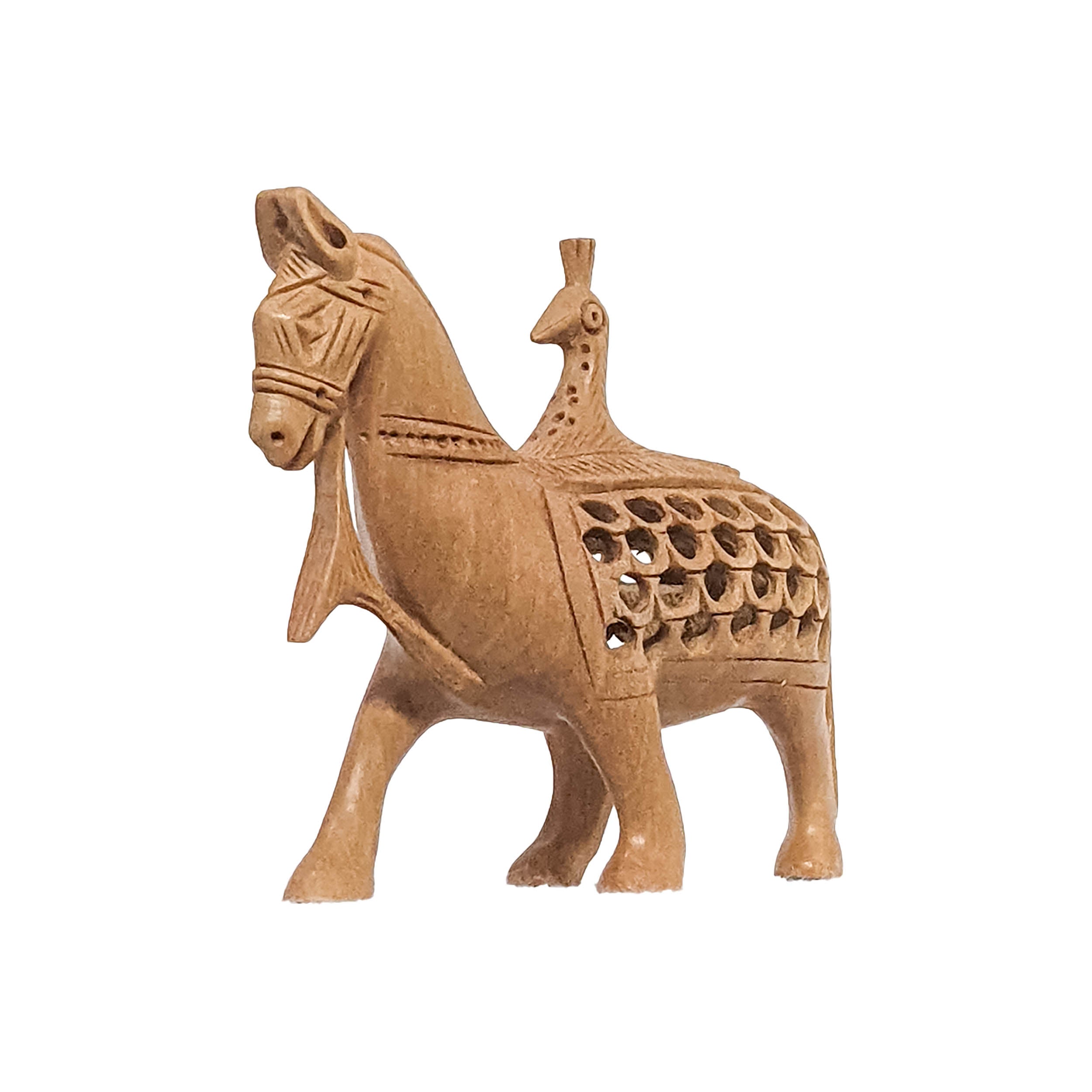 Wooden Jali Peacock on Horse Statue