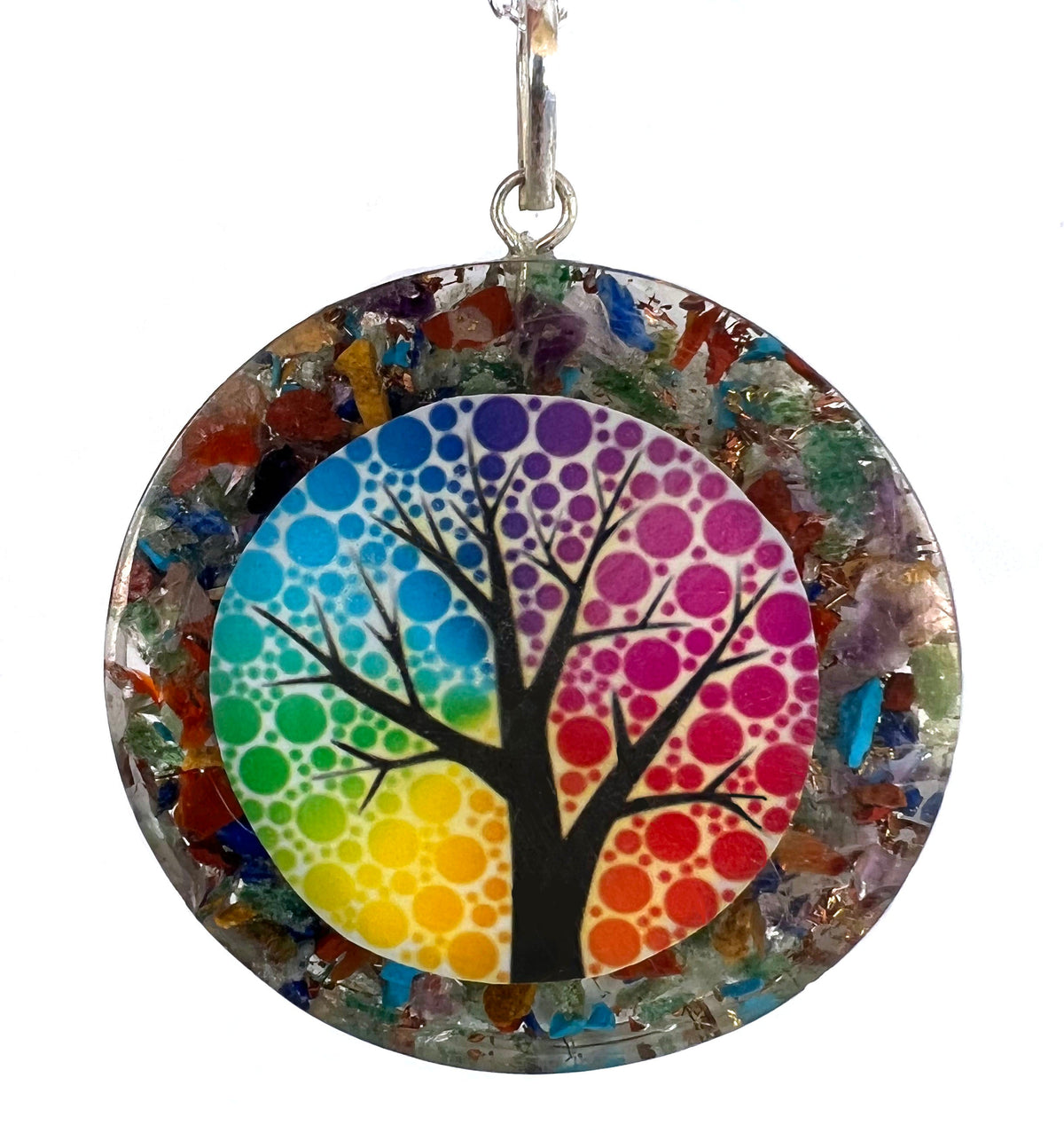 Wholesale 1 1/2 INCH CRUSHED RAINBOW STONE IN RESIN TREE OF LIFE PENDANT (sold by the piece)