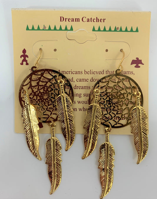 Buy 3INCH METAL DREAM CATCHER GOLDDANGLE EARRINGS WITH FEATHERS (SOLD BY THE PAIR) Bulk Price