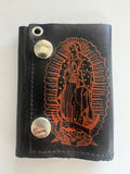 Guadalupe Mary Trifold Leather Wallets with Chain- Red & Silver Color