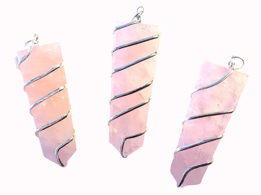 Buy LARGE 2" FLAT ROSE QUARTZ COIL WRAPPEDSTONE PENDANT (sold by the piece or bag of 10Bulk Price