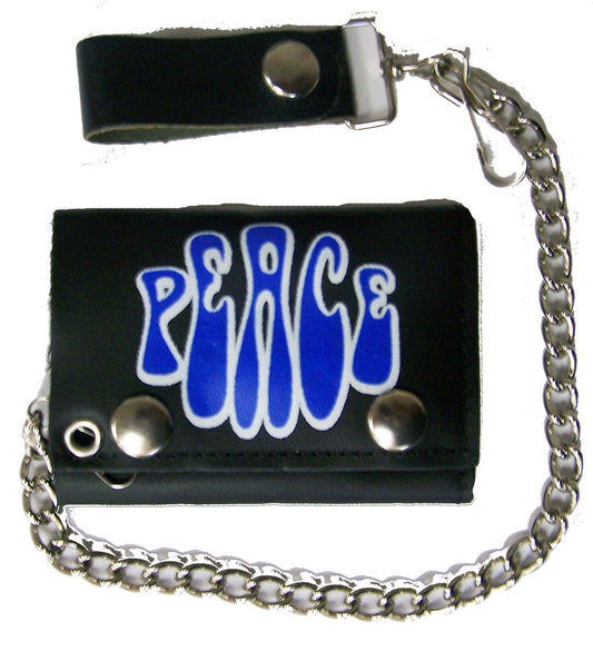 Wholesale PEACE WORD TRIFOLD LEATHER WALLETS WITH CHAIN (Sold by the piece)