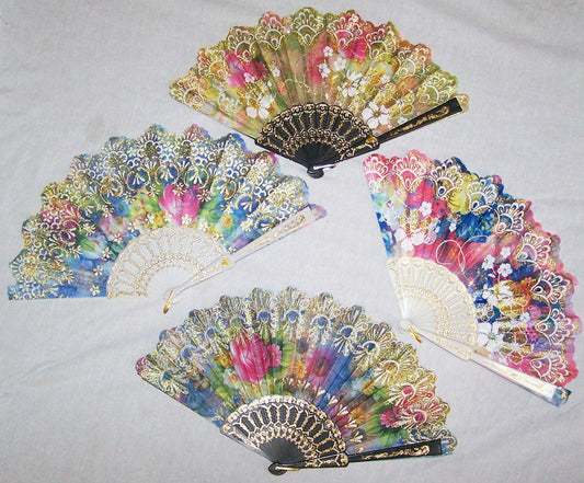 Wholesale RAINBOW GLITTER FLOWER 9 INCH HAND FAN ( sold by the piece or  dozen )