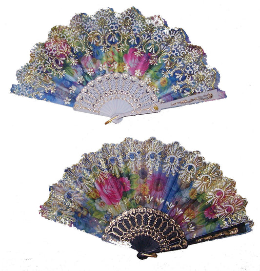 Wholesale RAINBOW GLITTER FLOWER 9 INCH HAND FAN ( sold by the piece or  dozen )