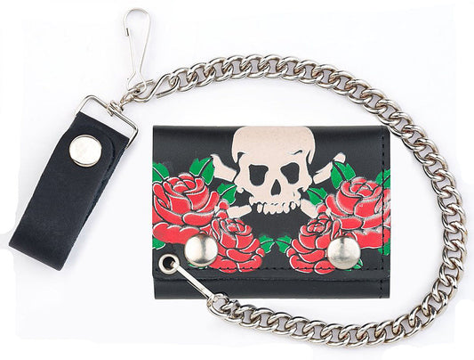 Wholesale Skull and Roses Trifold Leather Wallets with Chain (Sold By - 6 Piece)